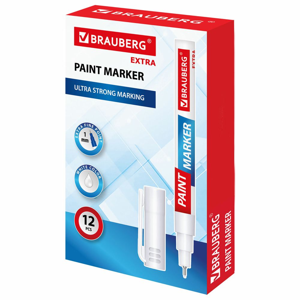 Маркер-краска лаковый EXTRA (paint marker) 1 мм, БЕЛЫЙ, УСИЛЕННАЯ НИТРО-ОСНОВА, BRAUBERG