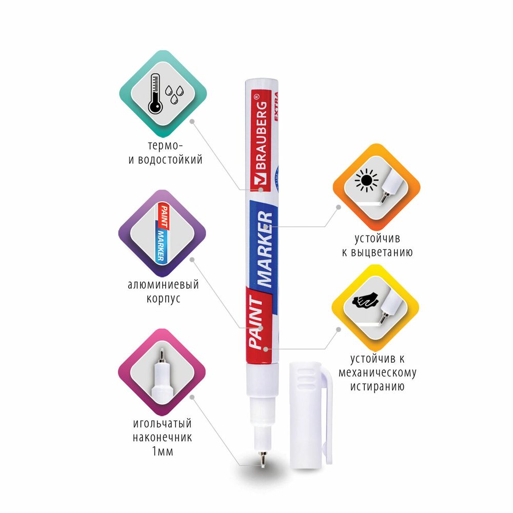 Маркер-краска лаковый EXTRA (paint marker) 1 мм, БЕЛЫЙ, УСИЛЕННАЯ НИТРО-ОСНОВА, BRAUBERG