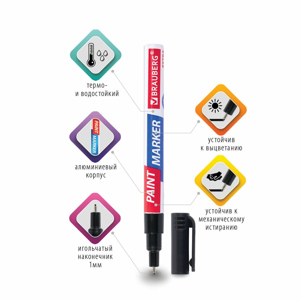 Маркер-краска лаковый EXTRA (paint marker) 1 мм, ЧЕРНЫЙ, УСИЛЕННАЯ НИТРО-ОСНОВА, BRAUBERG