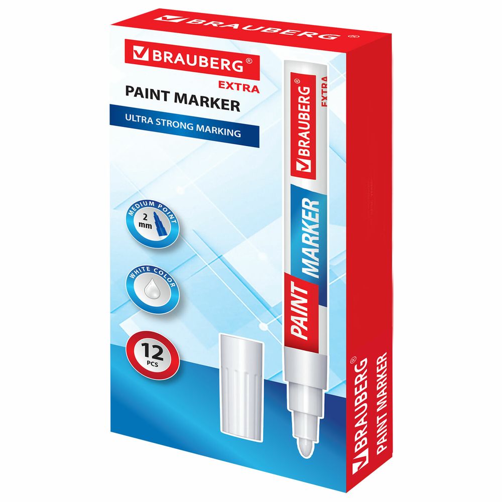 Маркер-краска лаковый EXTRA (paint marker) 2 мм, БЕЛЫЙ, УСИЛЕННАЯ НИТРО-ОСНОВА, BRAUBERG