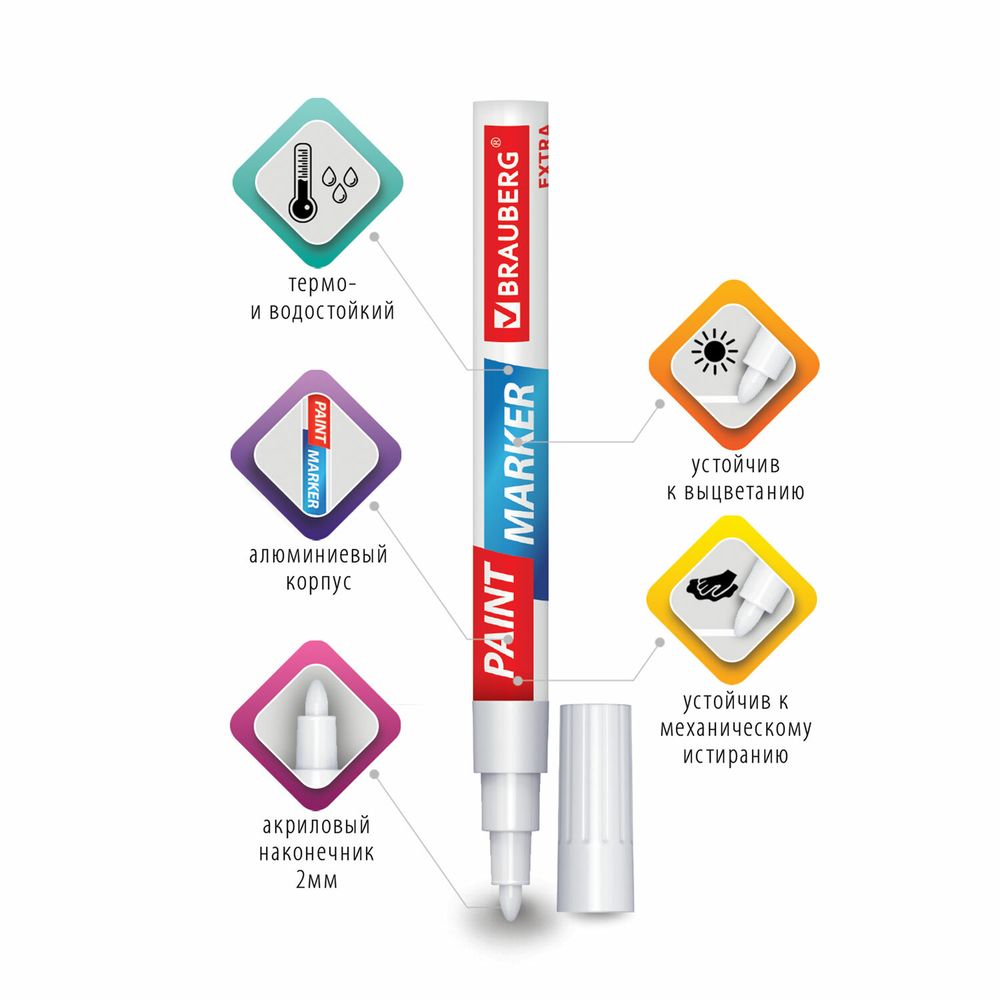 Маркер-краска лаковый EXTRA (paint marker) 2 мм, БЕЛЫЙ, УСИЛЕННАЯ НИТРО-ОСНОВА, BRAUBERG