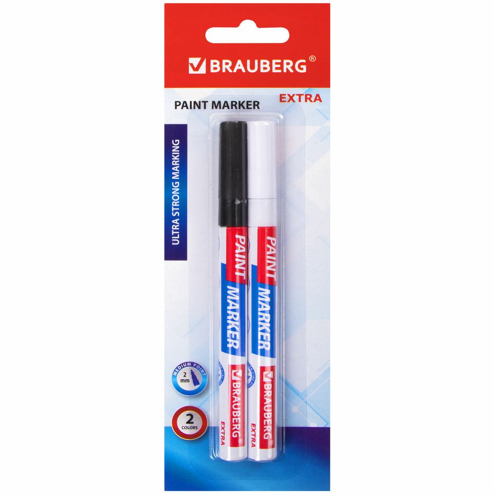 Маркер-краска лаковый EXTRA (paint marker) 2 мм, НАБОР 2 цвета, БЕЛЫЙ/ЧЕРНЫЙ, УСИЛЕННАЯ НИТРО-ОСНОВА, BRAUBERG