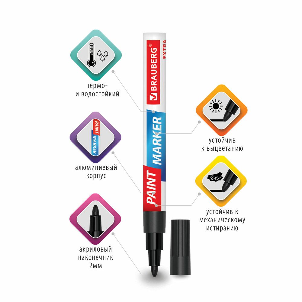 Маркер-краска лаковый EXTRA (paint marker) 2 мм, НАБОР 2 цвета, БЕЛЫЙ/ЧЕРНЫЙ, УСИЛЕННАЯ НИТРО-ОСНОВА, BRAUBERG