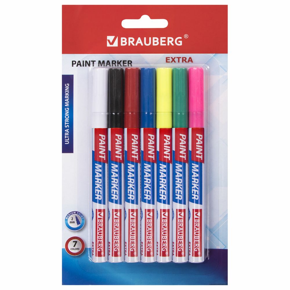 Маркер-краска лаковый EXTRA (paint marker) 2 мм, НАБОР 7 цветов, УСИЛЕННАЯ НИТРО-ОСНОВА, BRAUBERG