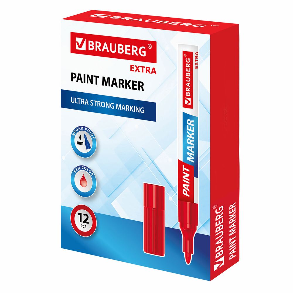 Маркер-краска лаковый EXTRA (paint marker) 4 мм, КРАСНЫЙ, УСИЛЕННАЯ НИТРО-ОСНОВА, BRAUBERG