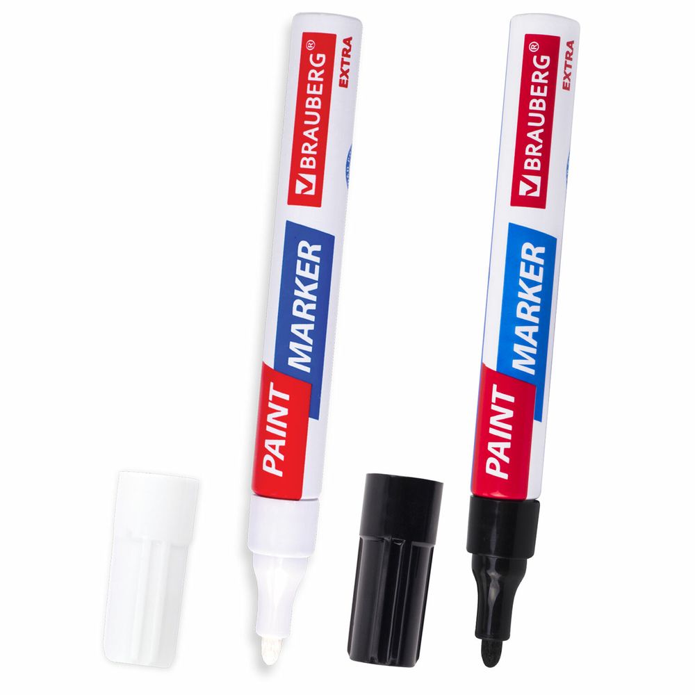 Маркер-краска лаковый EXTRA (paint marker) 4 мм, НАБОР 2 цвета, БЕЛЫЙ/ЧЕРНЫЙ, УСИЛЕННАЯ НИТРО-ОСНОВА, BRAUBERG