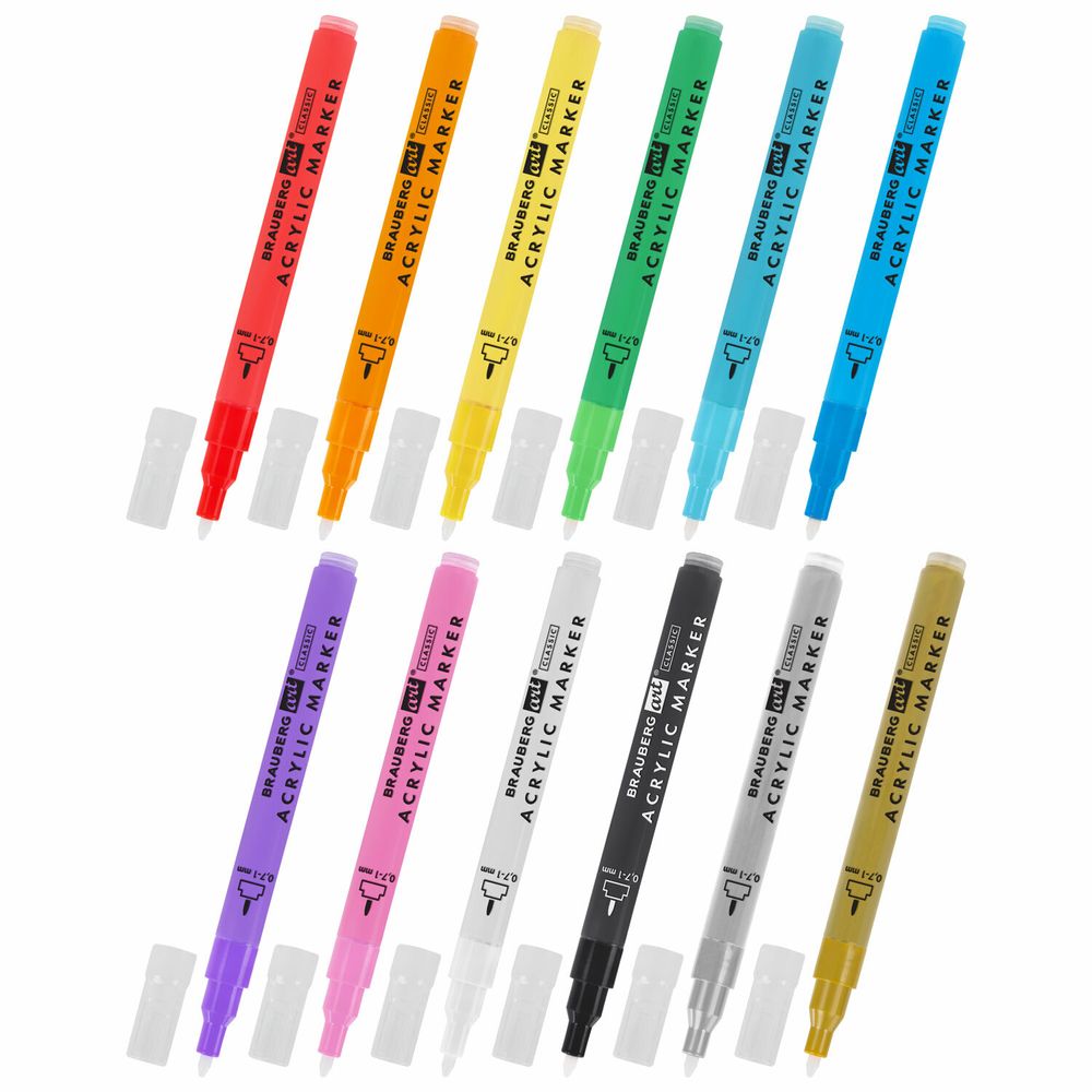 Маркеры акриловые для рисования и хобби 12 ярких цветов, линия 0,7-1 мм, BRAUBERG ART CLASSIC