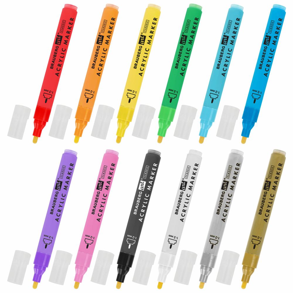 Маркеры акриловые для рисования и хобби, 12 ярких цветов, линия 1-2 мм, BRAUBERG ART CLASSIC