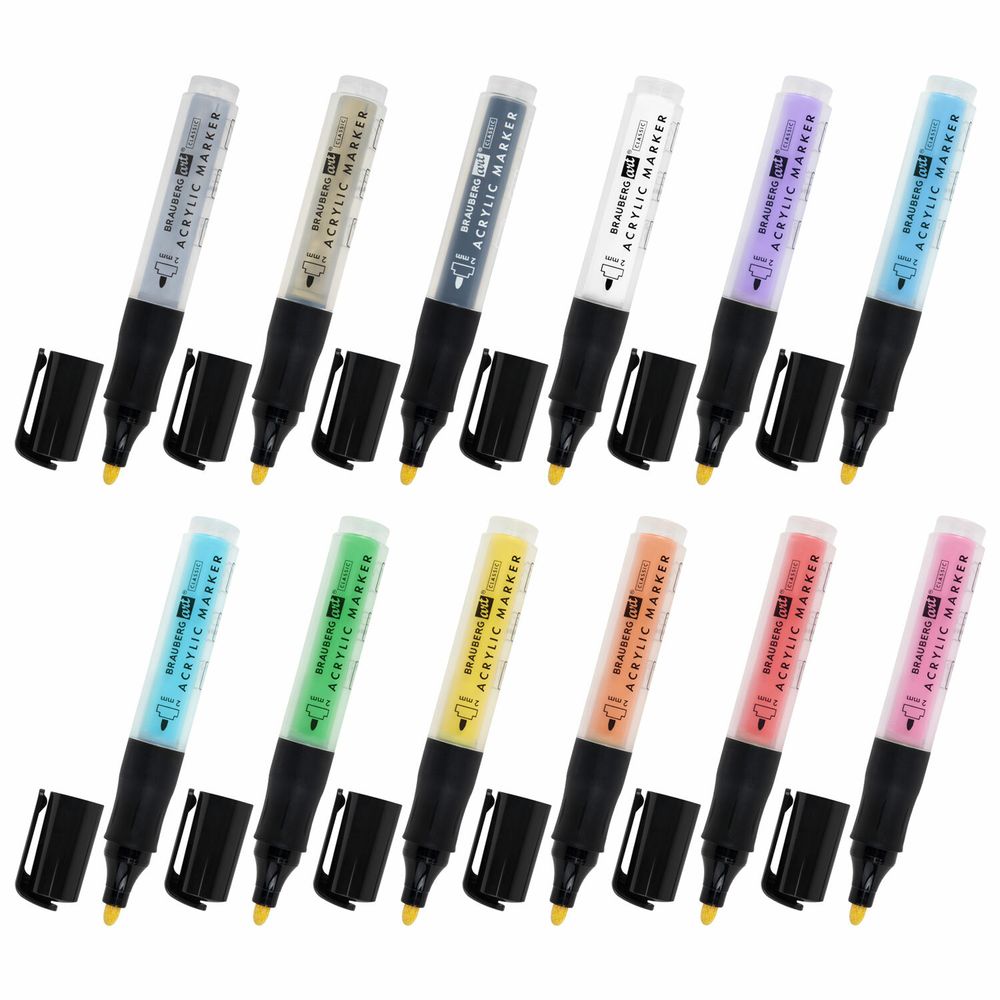 Маркеры акриловые для рисования и хобби, 12 ярких цветов, линия 2 мм, BRAUBERG ART CLASSIC