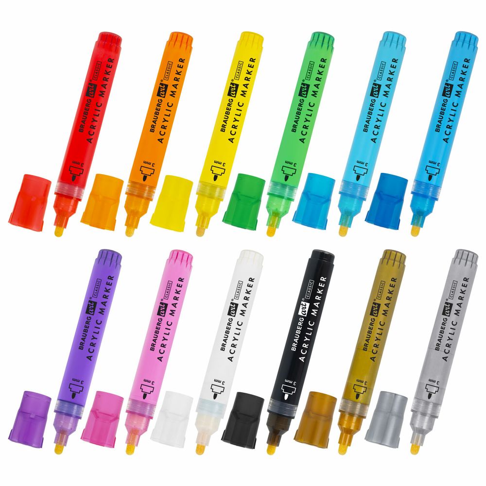 Маркеры акриловые для рисования и хобби, 12 ярких цветов, линия 3 мм, BRAUBERG ART CLASSIC