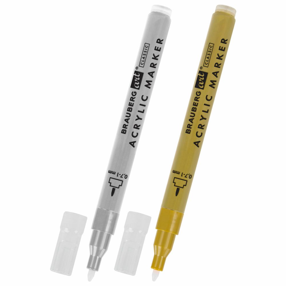 Маркеры акриловые для рисования и хобби, 2 цвета ЗОЛОТО/СЕРЕБРО, линия 0,7-1 мм, BRAUBERG ART