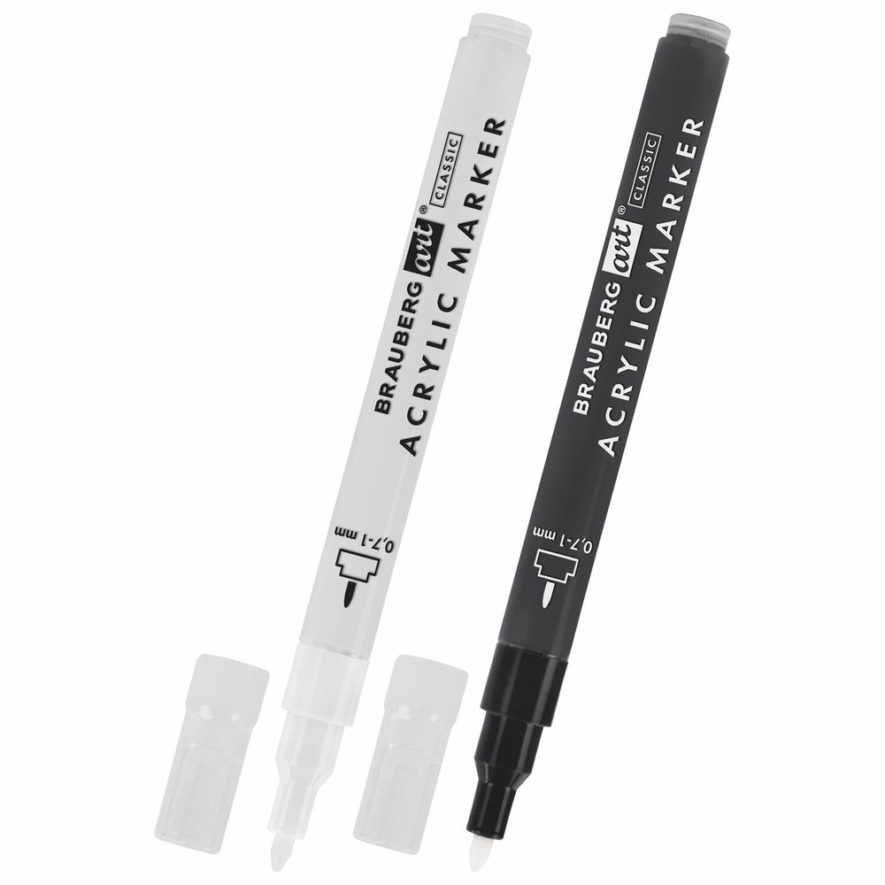 Маркеры акриловые для рисования и хобби, 2 цвета ЧЕРНЫЙ/БЕЛЫЙ, линия 0,7-1 мм, BRAUBERG ART