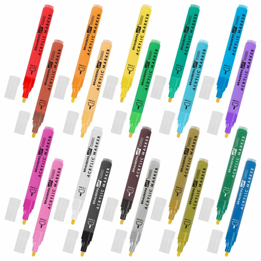 Маркеры акриловые для рисования и хобби, 20 ярких цветов, линия 1-2 мм, BRAUBERG ART CLASSIC