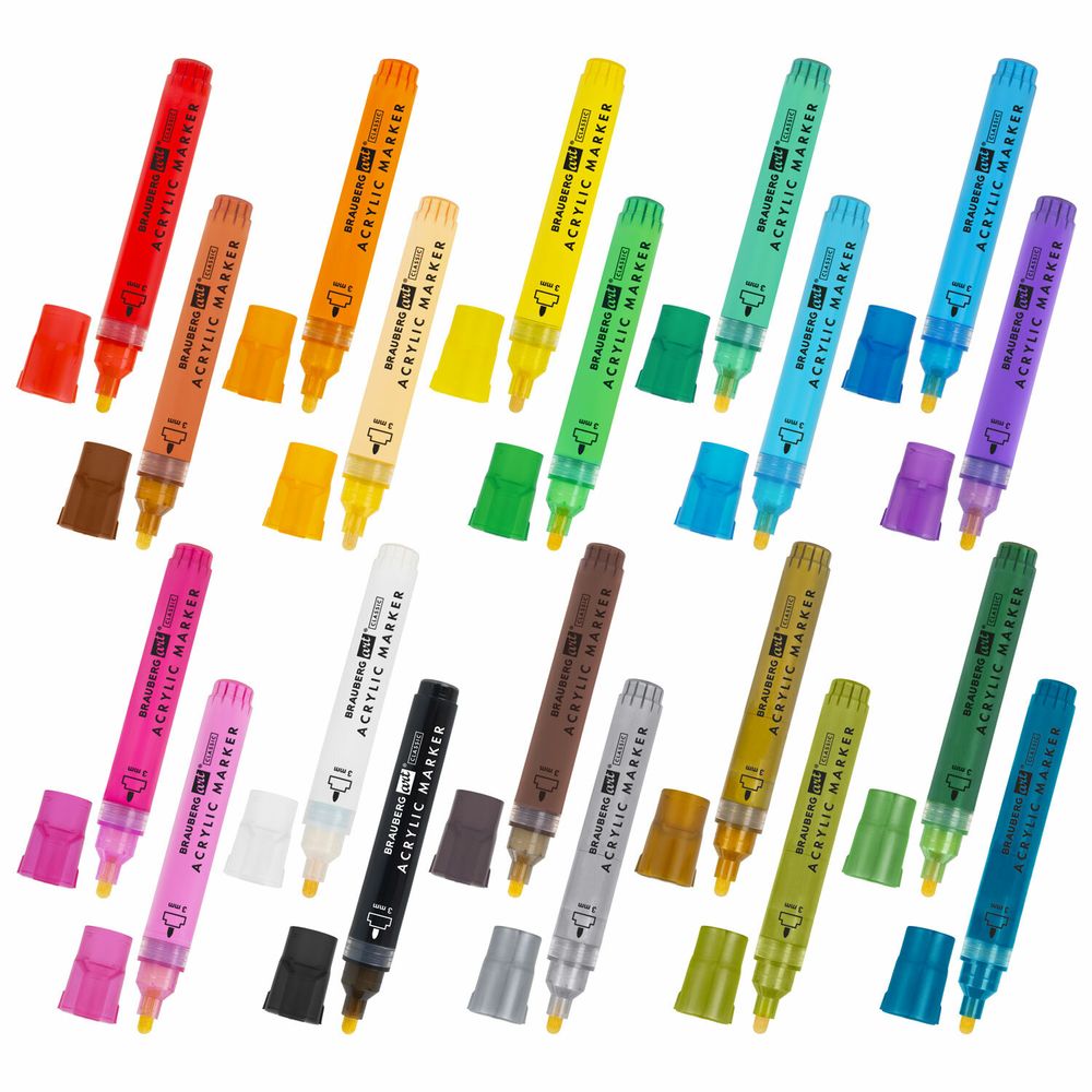 Маркеры акриловые для рисования и хобби, 20 ярких цветов, линия 3 мм, BRAUBERG ART CLASSIC