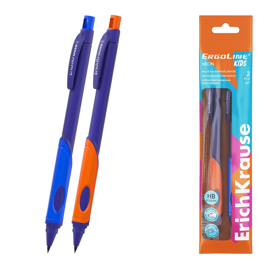 Набор из 2 механических карандашей ErichKrause ErgoLine® Kids Neon 2.0 мм, с точилкой, НВ 