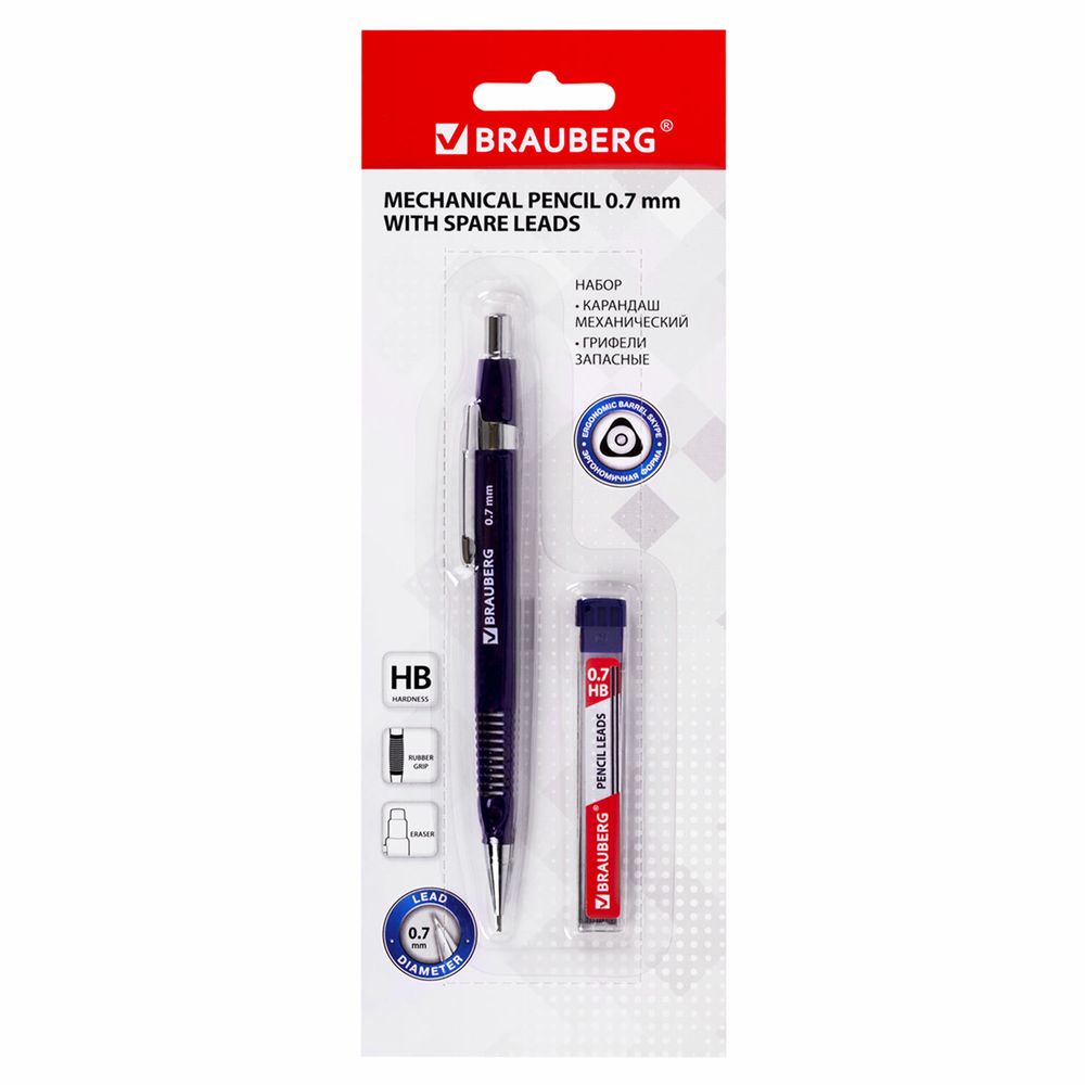Карандаш механический 0,7 мм, трехгранный корпус + грифели HB 12 штук на блистере, BRAUBERG