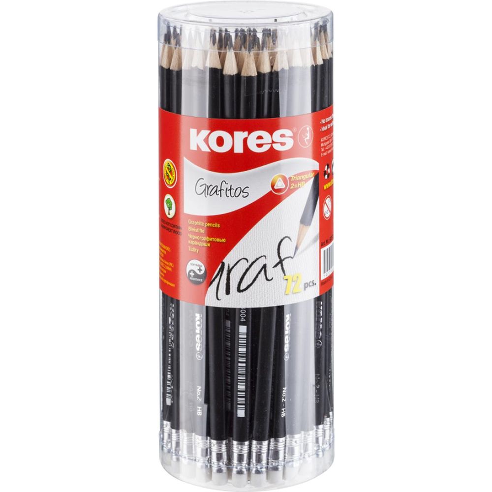 Карандаш чернографитный KORES HB, трехгр., с ластиком, 72шт/уп