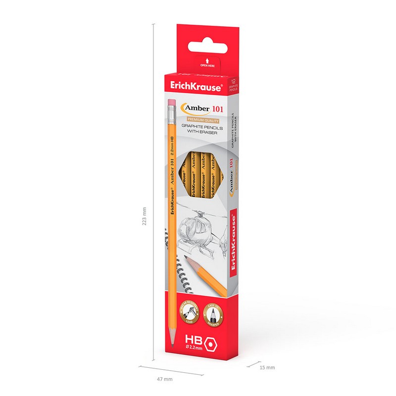 Карандаш чернографитный шестигранный  с ластиком ErichKrause Amber 101 HB 