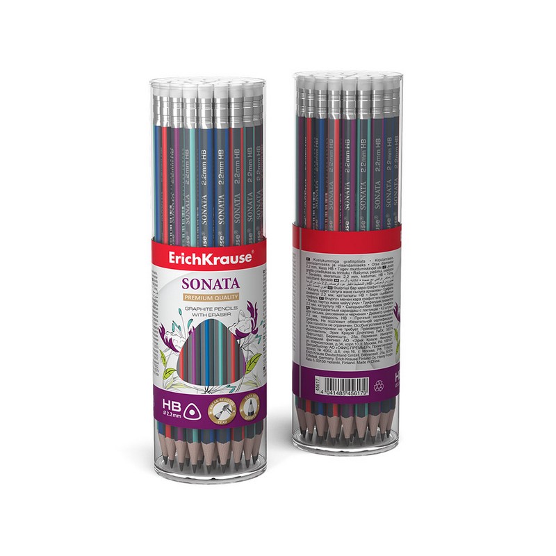 Карандаш чернографитный трехгранный с ластиком  ErichKrause Sonata HB 