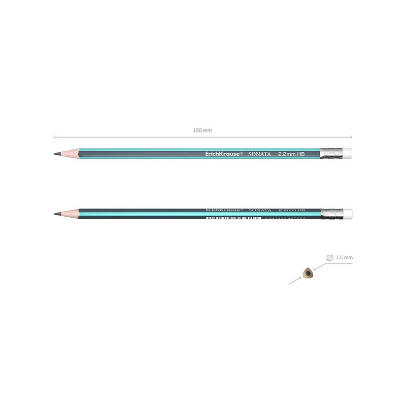 Карандаш чернографитный трехгранный с ластиком  ErichKrause Sonata HB 