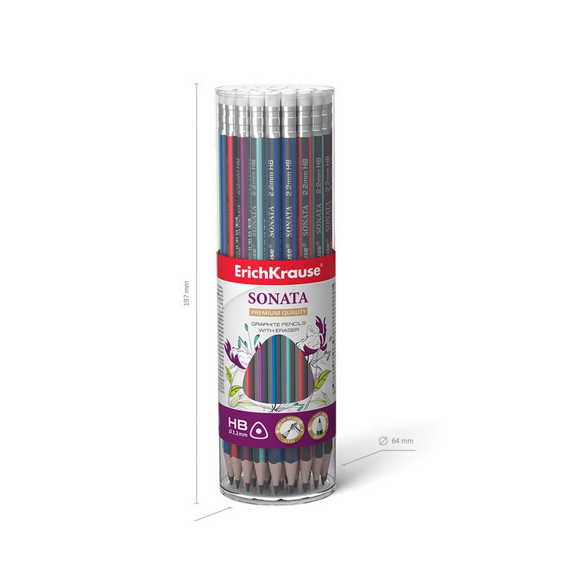 Карандаш чернографитный трехгранный с ластиком  ErichKrause Sonata HB 