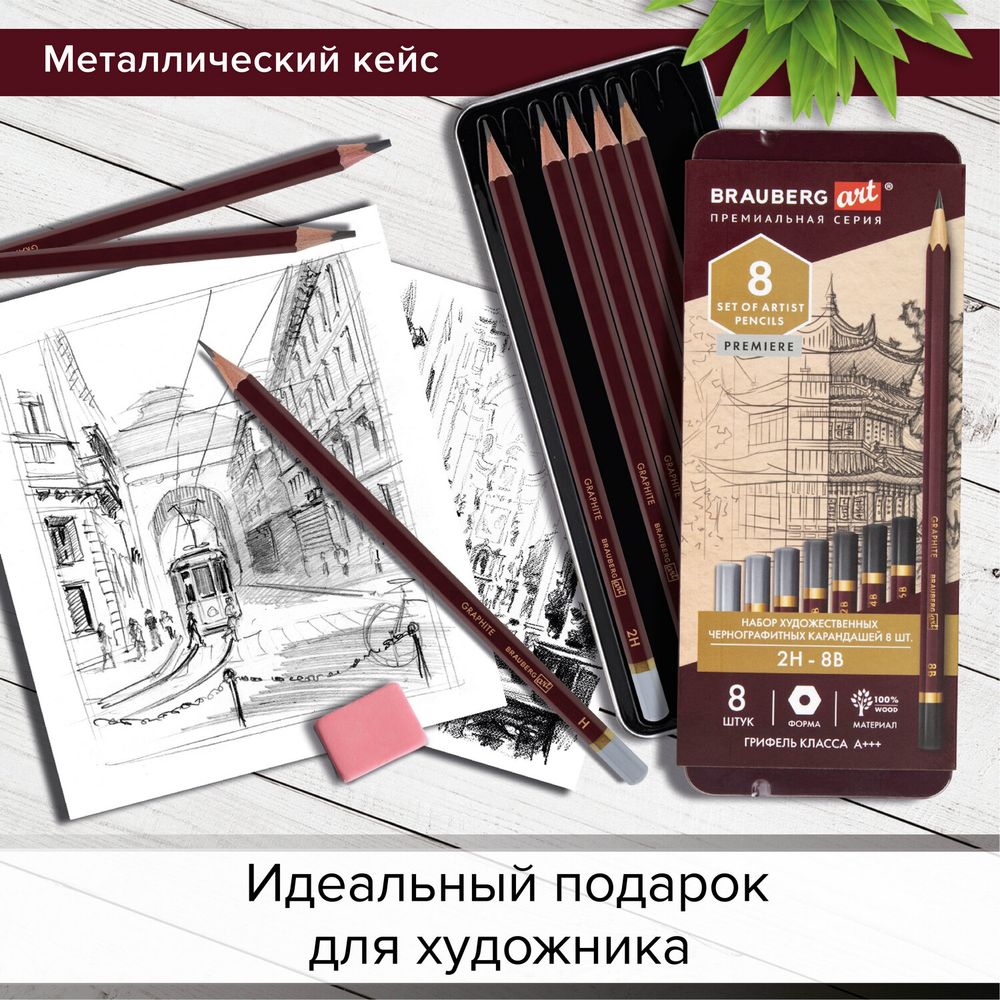 Карандаши чернографитные художественные 2H-8B, НАБОР 8 шт., В ПЕНАЛЕ, BRAUBERG ART "PREMIERE"