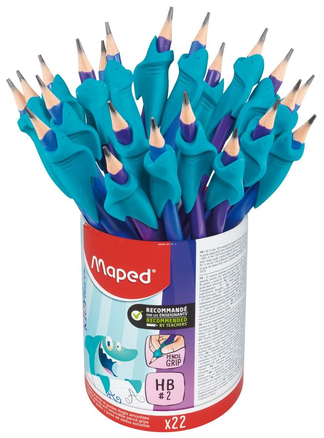 Карандаш чернографитный MAPED KIDY LEARN SHARK пластиковый, треугольный, НВ, тренажер для постановки письма в комплекте, 22 штуки, в стакане-подставке