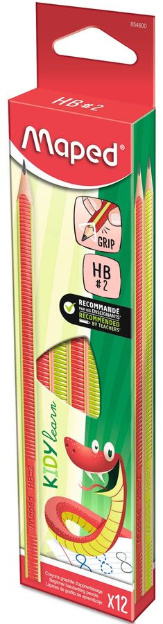 Карандаш чернографитный MAPED KIDY LEARN обучающий, пластиковый, с рифленой нескользящей поверхностью, треугольный, НВ, в коробке с подвесом