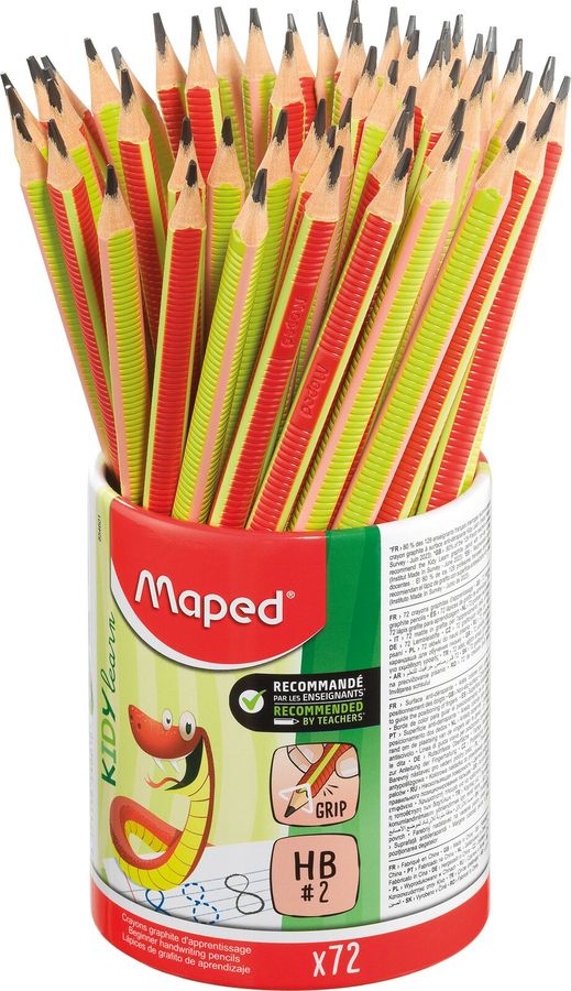 Карандаш чернографитный MAPED KIDY LEARN обучающий, пластиковый, с рифленой нескользящей поверхностью, треугольный, НВ, 72 штуки, в стакане-подставке
