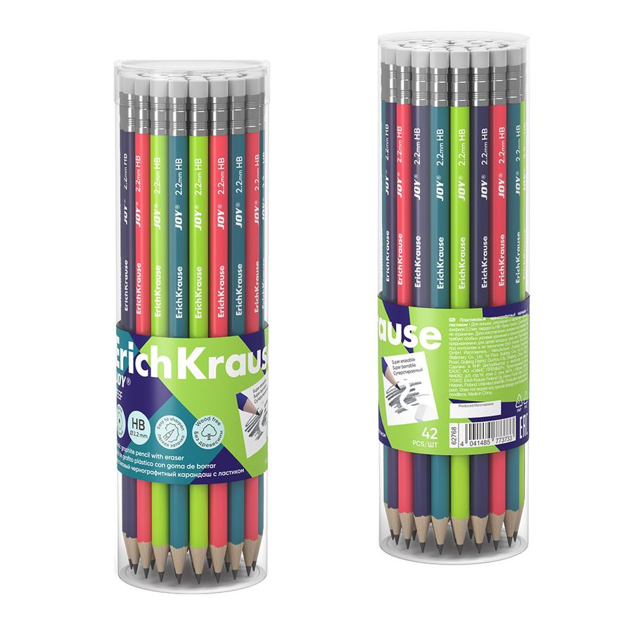 Чернографитный карандаш пластиковый ErichKrause JOY® Reef, суперстираемый, круглый, с ластиком, НВ