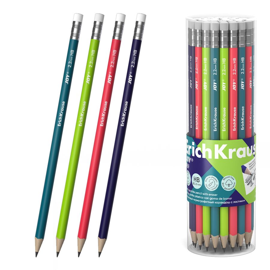 Чернографитный карандаш пластиковый ErichKrause JOY® Reef, суперстираемый, круглый, с ластиком, НВ