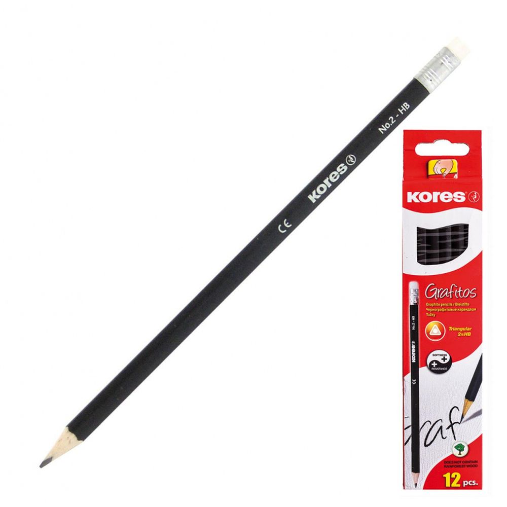 Карандаш Kores, HB, трехгранный, с ластиком