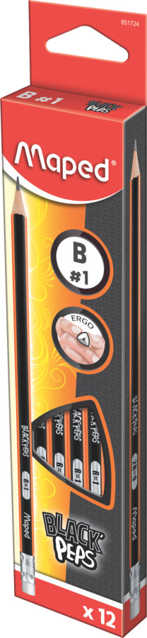 Карандаш чернографитовый MAPED BLACK PEP'S B, с ластиком, треугольный, картонная коробка с подвесом