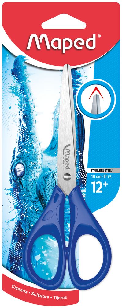 Ножницы 16 см из нержавеющей стали, MAPED PULSE, с закругленными лезвиями, симметричные, в блистере