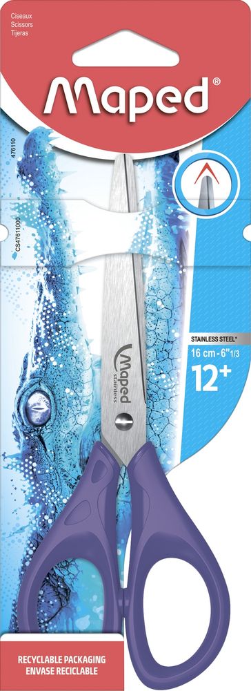 Ножницы 16 см из нержавеющей стали, MAPED PULSE, с закругленными лезвиями, симметричные, в блистере