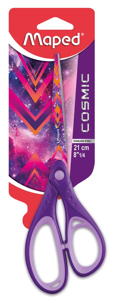 Ножницы 21 см, MAPED COSMIC TEENS, с прорезиненными ручками и декорированными лезвиями, асимметричные, узор космос, в блистере
