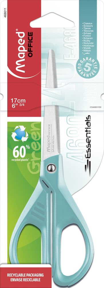 Ножницы эргономичные 17 см, MAPED ESSENTIALS COLOR, бирюзовые, симметричные, в блистере