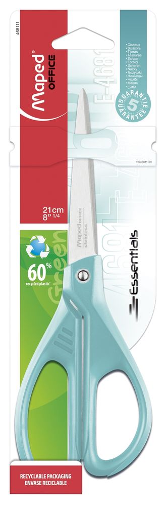 Ножницы эргономичные 21 см, MAPED ESSENTIALS COLOR, бирюзовые, асимметричные, в блистере