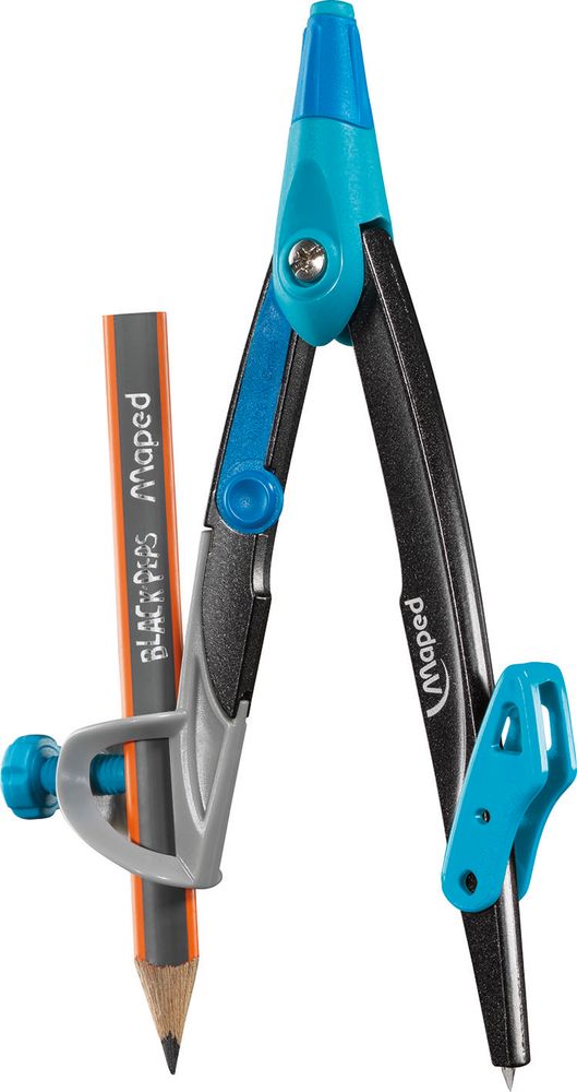 Циркуль из цинкового сплава, MAPED METAL OPEN, эргономичный, с универсальным держателем, с защитой иглы, карандаш в комплекте, в блистере, цвета ассорти