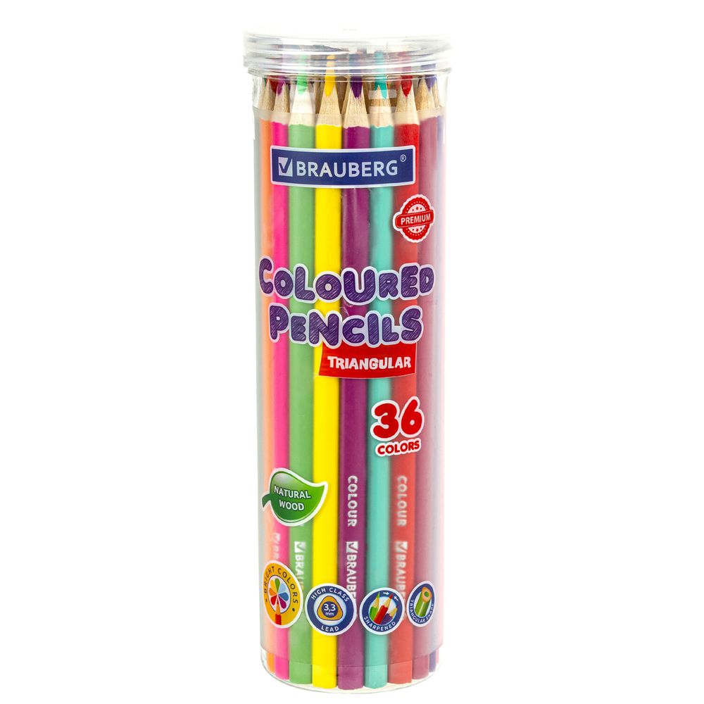 Карандаши цветные BRAUBERG PREMIUM 36 цветов в тубе, трехгранные, грифель 3,3 мм, натуральное дерево