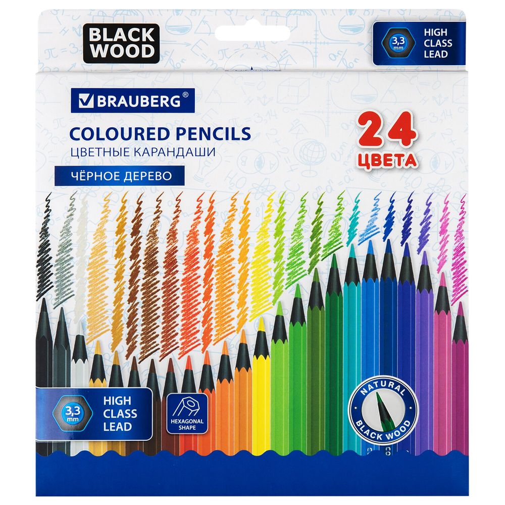 Карандаши цветные BRAUBERG, 24 цвета, шестигранные, грифель 3,3 мм, черное дерево
