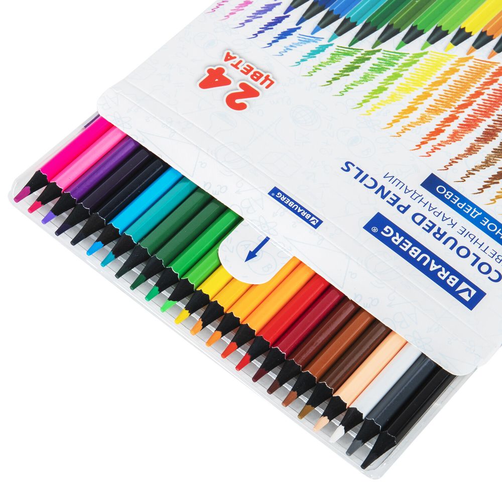 Карандаши цветные BRAUBERG, 24 цвета, шестигранные, грифель 3,3 мм, черное дерево