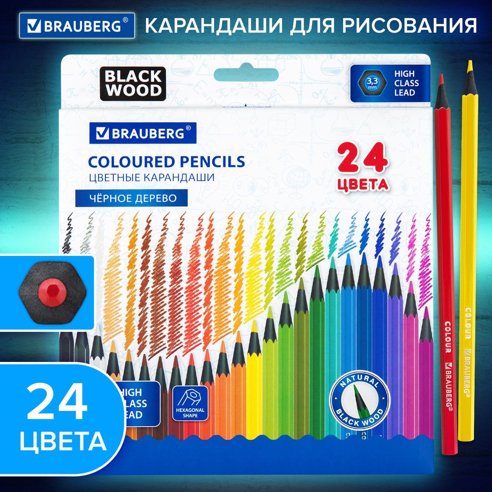 Карандаши цветные BRAUBERG, 24 цвета, шестигранные, грифель 3,3 мм, черное дерево