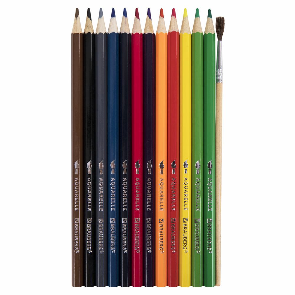 Карандаши цветные акварельные BRAUBERG 12 цветов с КИСТЬЮ, шестигранные, грифель 3 мм, натуральное дерево