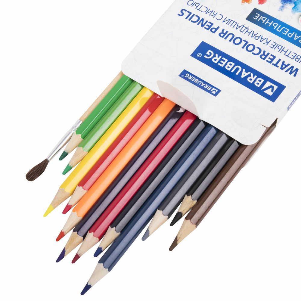 Карандаши цветные акварельные BRAUBERG 12 цветов с КИСТЬЮ, шестигранные, грифель 3 мм, натуральное дерево