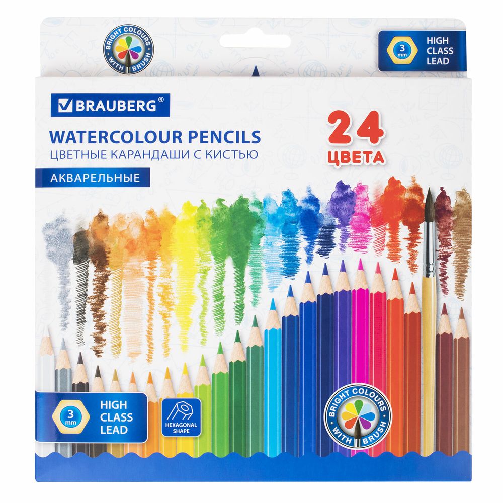 Карандаши цветные акварельные BRAUBERG 24 цвета с КИСТЬЮ, шестигранные, грифель 3 мм, натуральное дерево