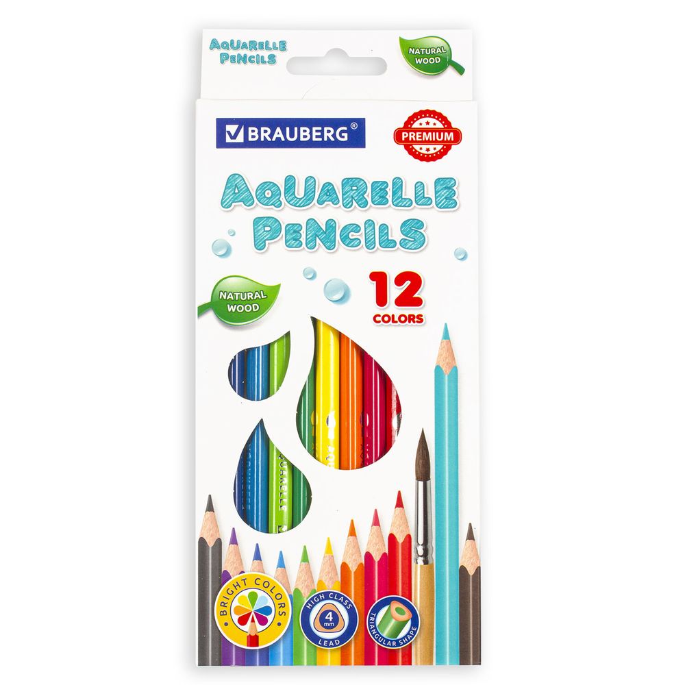 Карандаши цветные акварельные BRAUBERG PREMIUM AQUARELLE, 12 цветов, трехгранные, утолщенный грифель 4 мм, натуральное дерево
