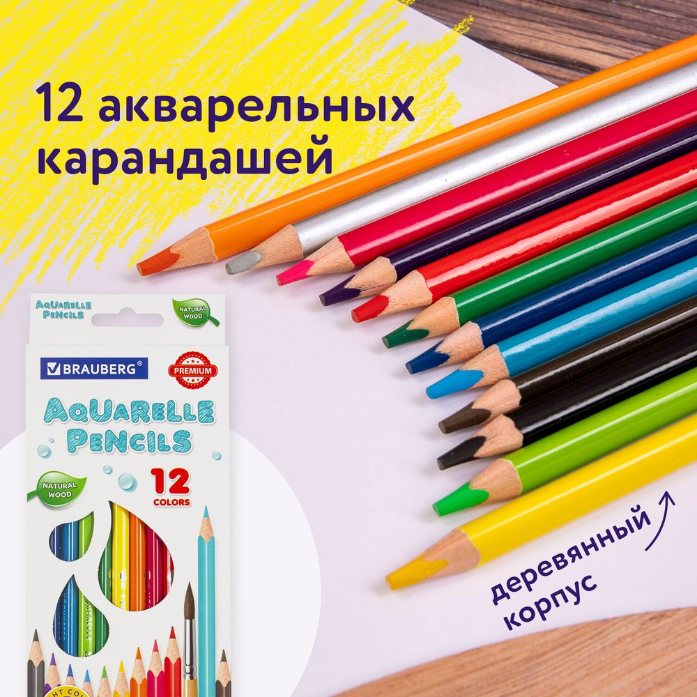 Карандаши цветные акварельные BRAUBERG PREMIUM AQUARELLE, 12 цветов, трехгранные, утолщенный грифель 4 мм, натуральное дерево