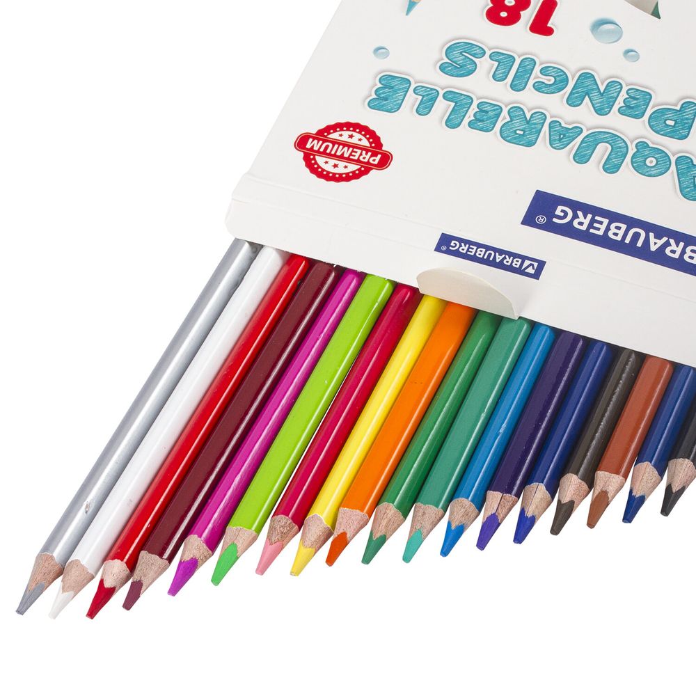 Карандаши цветные акварельные BRAUBERG PREMIUM AQUARELLE, 18 цветов, трехгранные, утолщенный грифель 4 мм, натуральное дерево