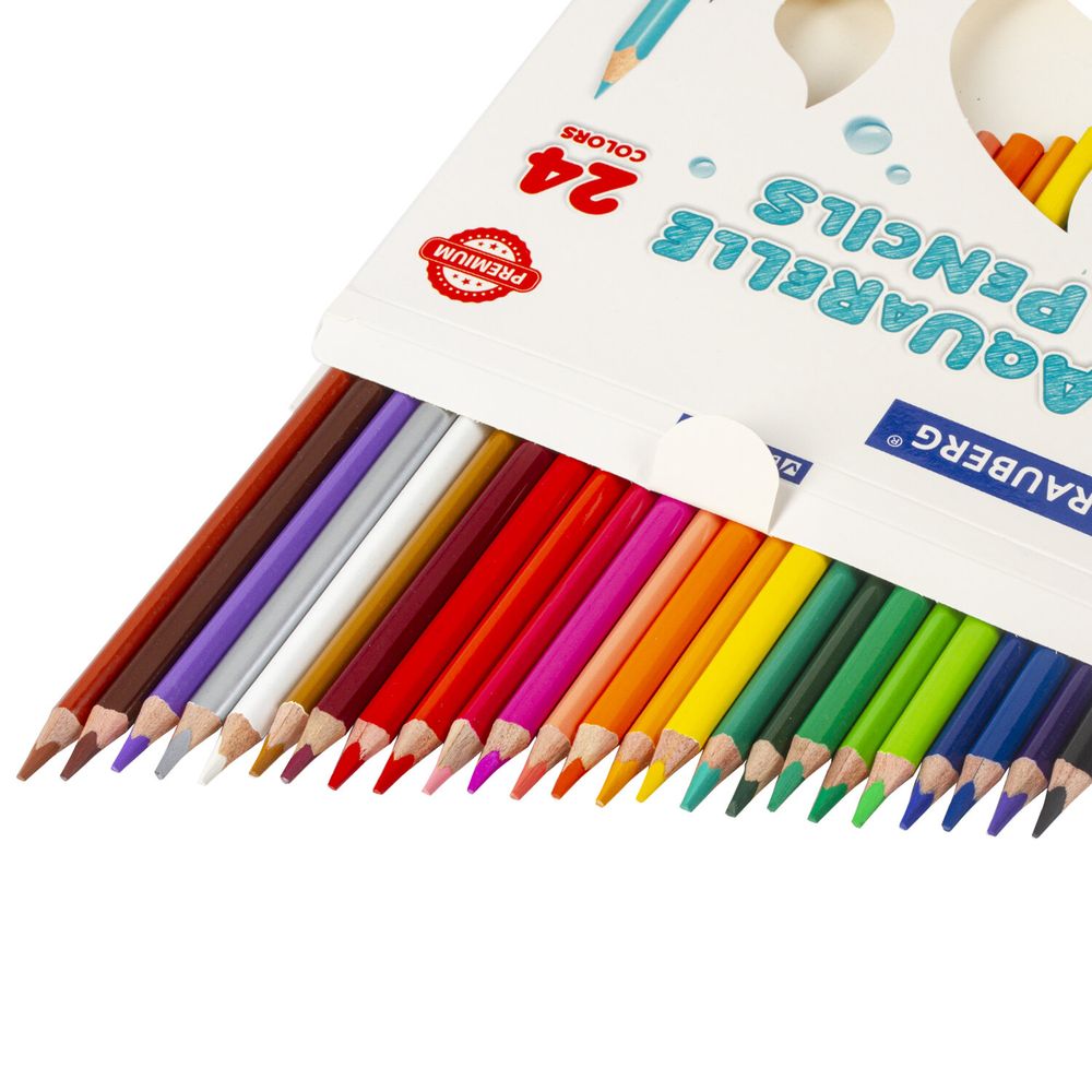 Карандаши цветные акварельные BRAUBERG PREMIUM AQUARELLE, 24 цвета, трехгранные, утолщенный грифель 4 мм, натуральное дерево